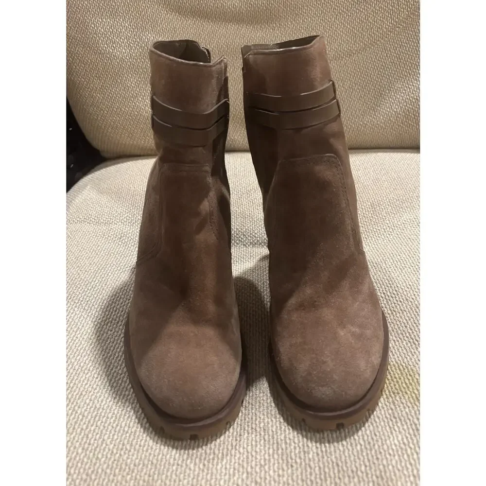 Tory Burch Suede Turnlock Ankle Boots Booties Tan Camel Double T Logo Sz 8.5